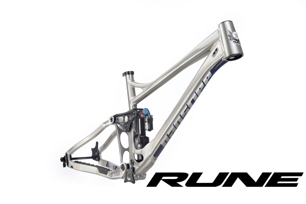 Rune V3.2 Frameset - Large Tint Raw With Dark Blue Decals, FOX Float X2 Performance Shock, Headset